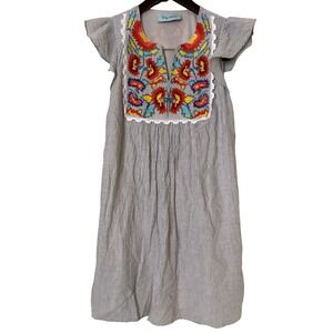 Lily Rain Womens Gray White Pinstripe Embroidered Floral Flutter Sleeve Dress S